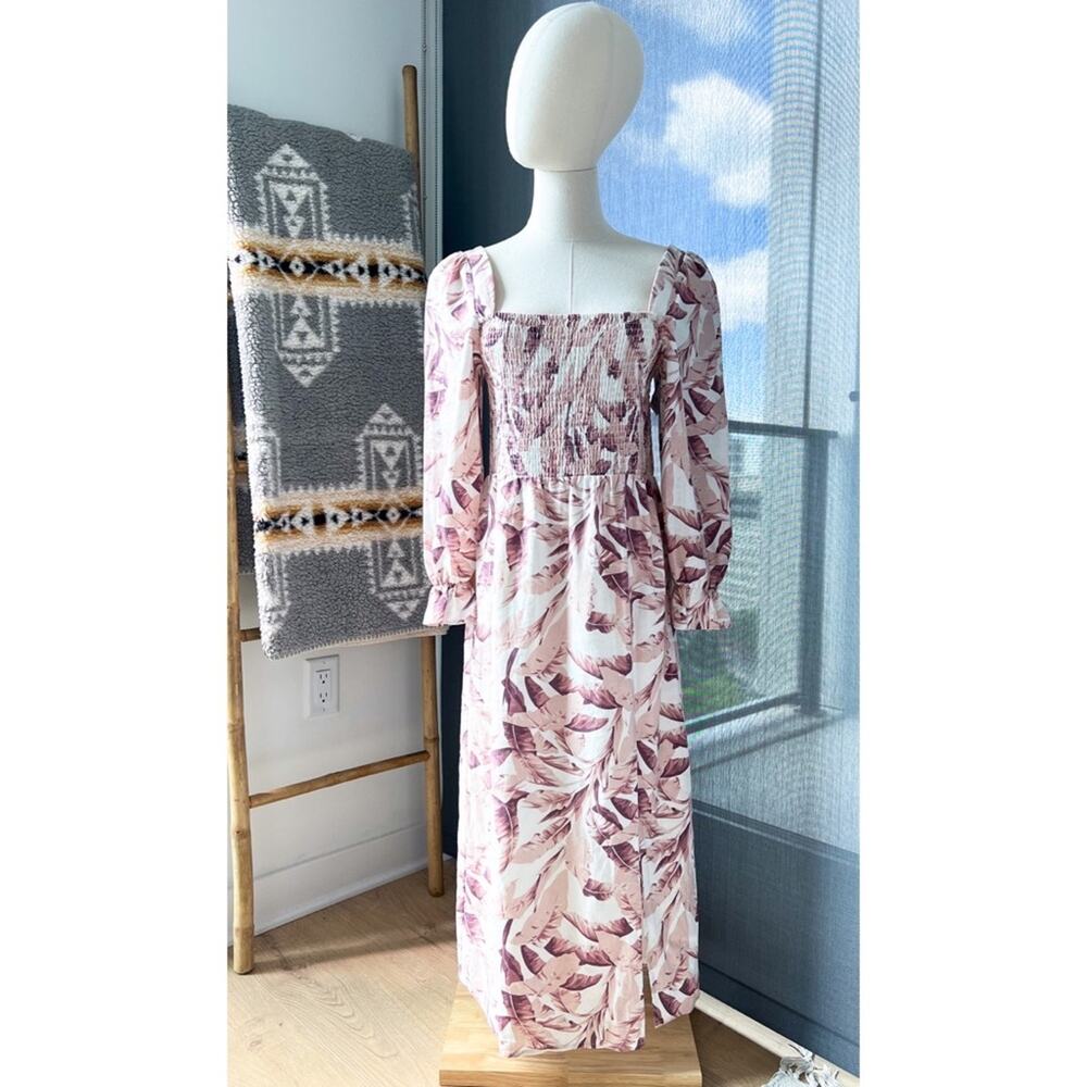 House Of Harlow 1960 White Pink Linen Blend Long Puff Sleeves Midi Dress Medium - Picture 1 of 9